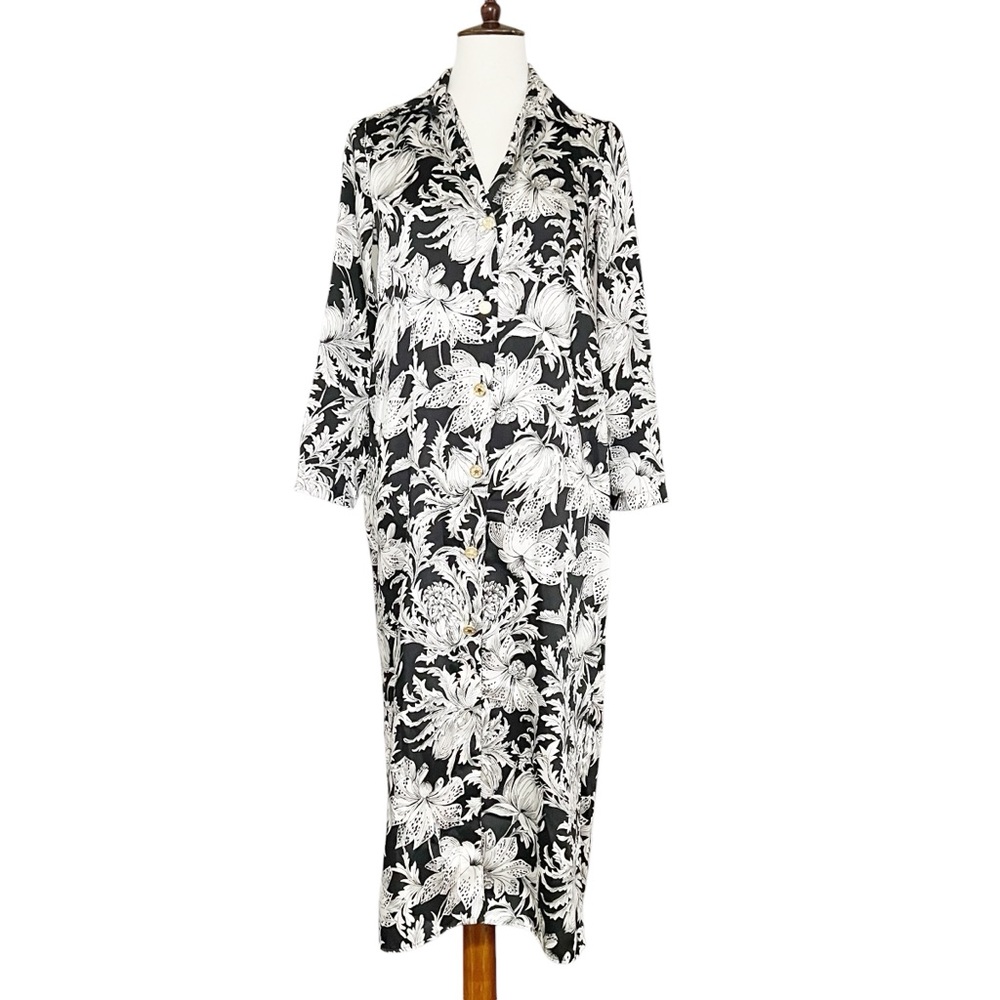 Zara Women's Black White Satin Floral Shirt Dress 3/4 Sleeves Collared Size XS